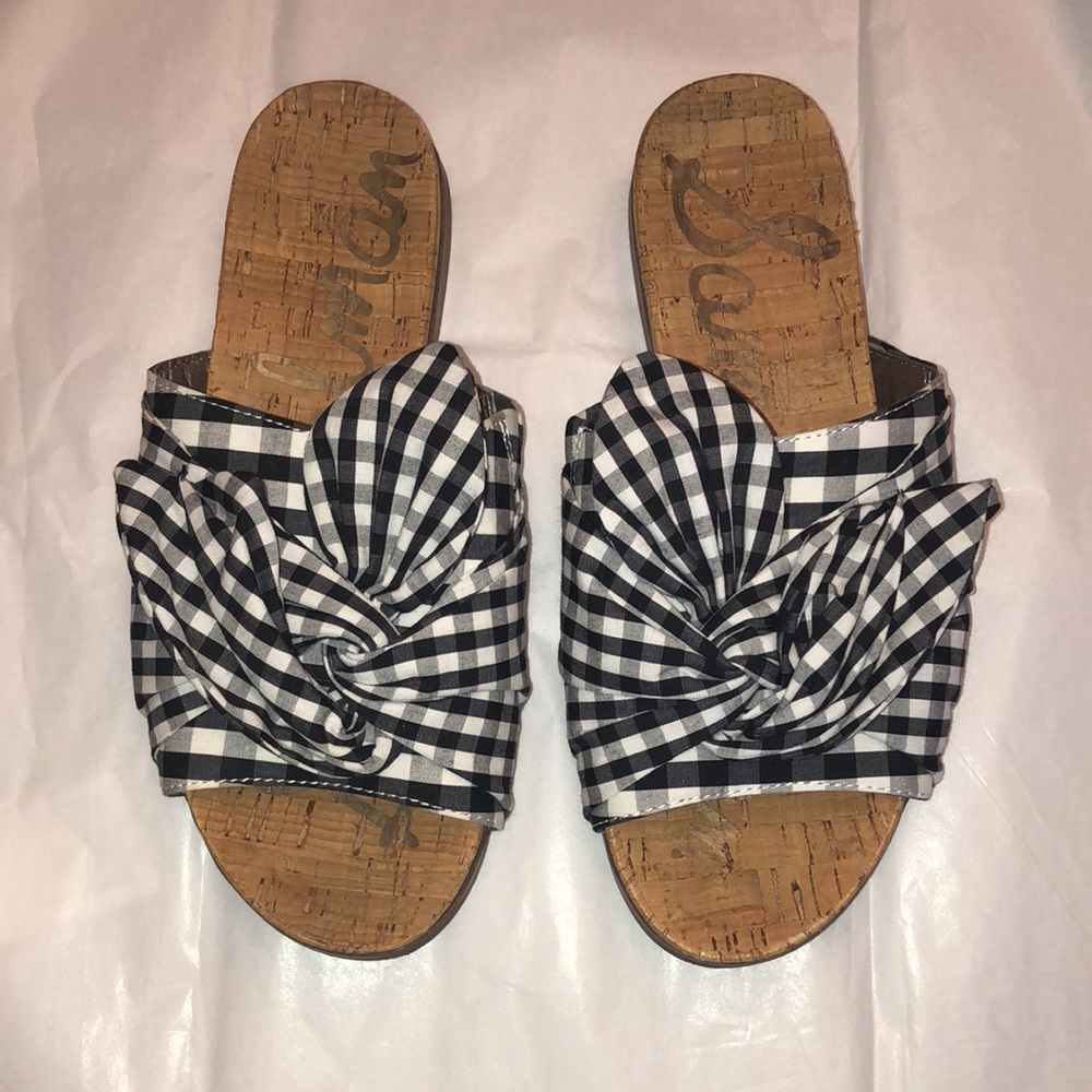 Sam Edelman Black/White “Heidi” Gingham Bow Sandals, Size 7.